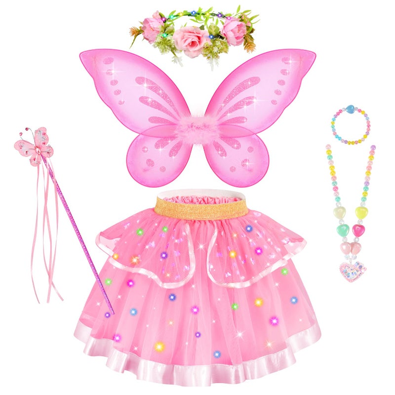 HUITEM Fairy Costume for Girls 6 PCS Light up Butterfly Costume with Fairy Wings  Jewelry Headband Wand Tutu for Toddler Girls 3-8 Years Halloween Birthday Party Dress up - Image 1